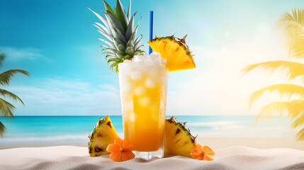 Summer cocktail with blur beach on background , Tropical Cocktails with Fresh Fruits on a Stunning Beach Paradise
