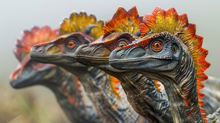 Three dinosaur heads with orange feathers on their heads