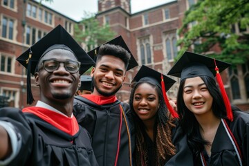 Diverse group of smiling graduates in caps and gowns taking a selfie, with a brick building in the background. - obrazy, fototapety, plakaty