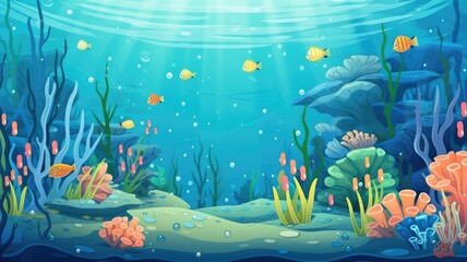 Cartoon sea lively underwater world, awash with color and life, bathed in sunbeams