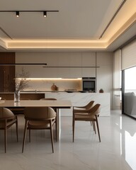 Luxury Minimalist Kitchen Design with Ambient Lighting and Modern Decor. 
