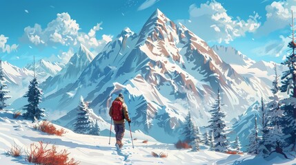 Travel and Exploration: A 3D vector illustration of a traveler hiking in a snowy mountain landscape - obrazy, fototapety, plakaty