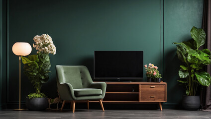 modern dark green living room with led, sofa, plants, table and lamp