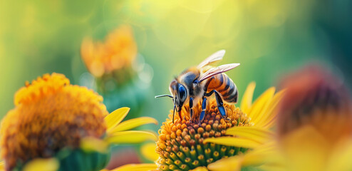 A close-up of a honeybee collecting nectar on a vibrant echinacea flower. Generative AI - obrazy, fototapety, plakaty