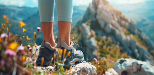 Travel banner with Close-up of a hiker's boots on rocky terrain overlooking a mountainous landscape. Generative AI - obrazy, fototapety, plakaty
