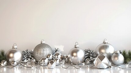 silver Christmas balls on silver background with copy space for text 