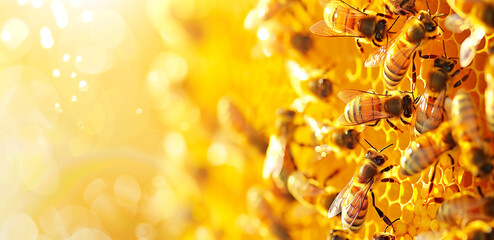 Banner with close-up of honeybees on a honeycomb with golden honey backlight by the sun. Generative AI - obrazy, fototapety, plakaty