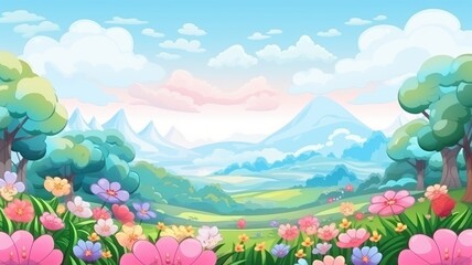 Fototapeta na wymiar Cartoon landscape illustration with colorful blooms, lush greenery, and majestic mountains under a serene sky