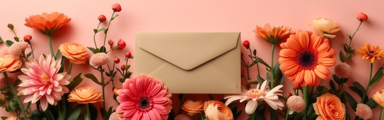 Envelope on a pink background surrounded by bright spring flowers, floral arrangement in warm colors