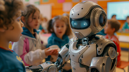 humanoid robot interacting with children in a classroom