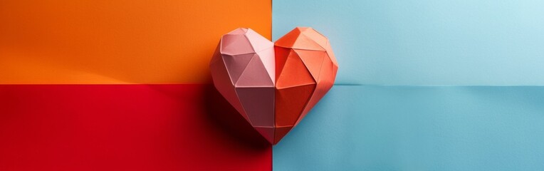 Modern geometric origami heart on two tone background, artistic Valentine's Day concept with copy space