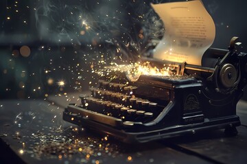 Old typewriter with paper, golden sparks flying around it, fantasy style. Ai generated