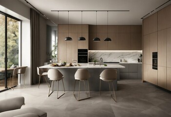 the kitchen is together with the living room the whole floor is composed of square tiles in porcelain stoneware pearl gray, while the walls are completely white. in front I have a square table