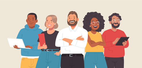Business team. Men and women, colleagues stand together. Portrait of company employees. Vector illustration