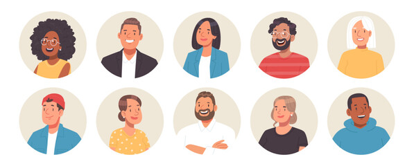 Set of business people avatars. Portraits of happy men and women in a circle on a white background. Vector illustration - 784259379
