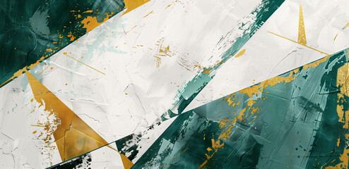 Abstract geometric patterns of gold and emerald shards with textured surfaces. Generative AI