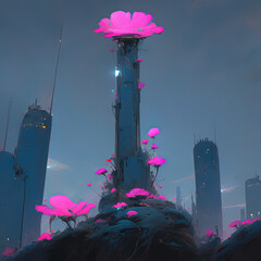 futuristic city with a tower and pink flowers in the foreground