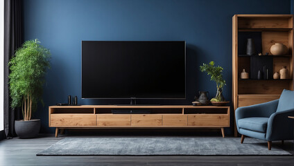 a modern blue living room inide LCD, table and small plants on it