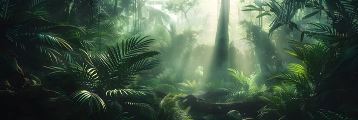  Dark rainforest, sun rays through the trees, rich jungle greenery. Atmospheric fantasy forest. 3D illustration. © john