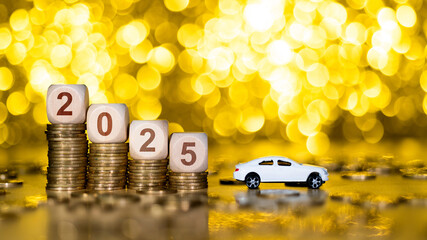 New year 2025, coins and car model