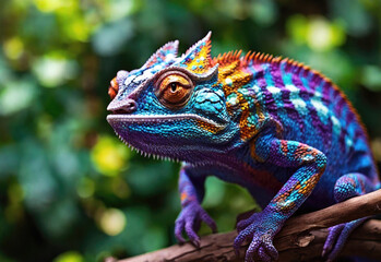 Obraz premium Beautiful multi-colored chameleon against a bright bokeh background