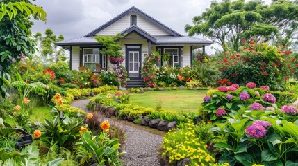 A luxury house exterior surrounded by a lush garden full of colorful flowers. The house features elegant architectural details, such as grand columns and large windows.