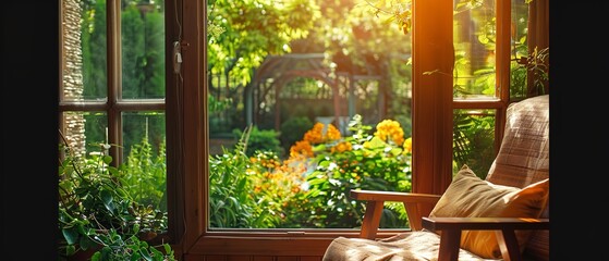 Portrait of summer garden view through a open wooden window with armchair with a big space for text or product, Generative AI.