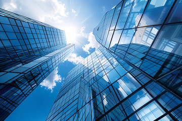Fototapeta na wymiar A modern glass skyscraper reflects the urban sky in its blue facade