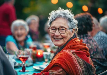 Foto op Canvas A smiling senior woman sitting at a table with friends during a backyard party © Kien