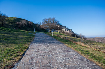 Stone path on the lawn near Devin Castle in Bratislava.