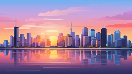Foto op Plexiglas vibrant cityscape at sunset, with silhouetted skyscrapers and a reflective lake © chesleatsz