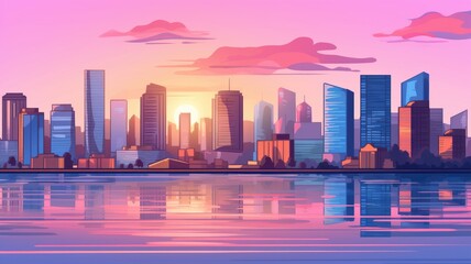 vibrant cityscape at sunset, with silhouetted skyscrapers and a reflective lake - obrazy, fototapety, plakaty