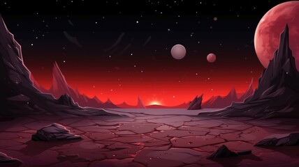 red-toned alien landscape under a starry sky with twin moons