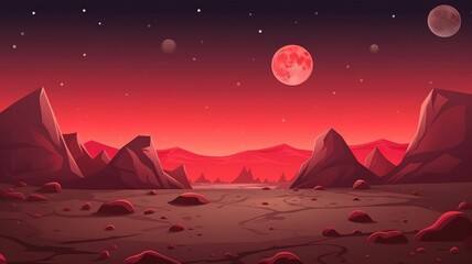 red-toned alien landscape under a starry sky with twin moons