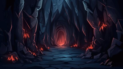 mystical cave entrance beckons, bathed in a warm glow, promising adventure - obrazy, fototapety, plakaty