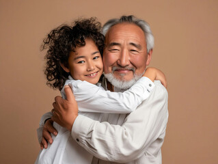 Asian grandfather and granddaughter hugging on brown background.