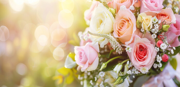 Wedding banner with copy space. Elegant pink roses Wedding bouquet with soft bokeh background. Generative AI