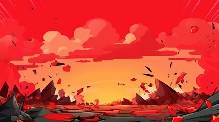 cartoon red bomb explosion clouds over destroyed burnt land. Boom effect with smoke,  Fire background,