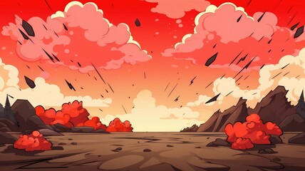 2d cartoon background red bomb explosion clouds over destroyed burnt land. Boom effect with smoke,  Fire background,