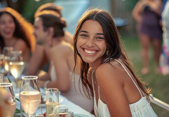 A smiling young woman sitting at a table with friends during a backyard party