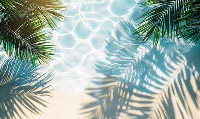 Fototapeta na wymiar Tranquil Beach Paradise: Shadows of Tropical Leaves on Sandy Shore and Turquoise Waters