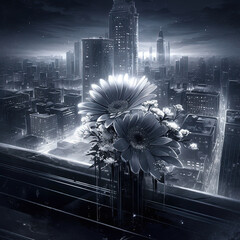 a flowers in a vase on a ledge overlooking a city - obrazy, fototapety, plakaty