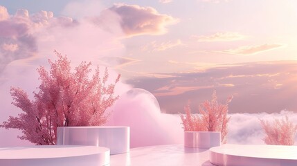 Pastel Pink Dreamscape With Blossoming Trees and Misty Skies