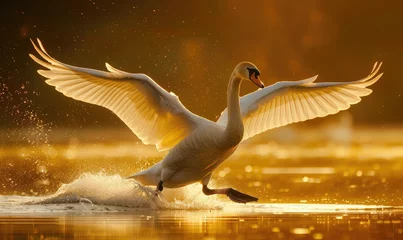 Foto op Aluminium Elegant swan gracefully gliding over the water, wings spread wide against a backdrop of golden sunlight, capturing motion and grace © Kien