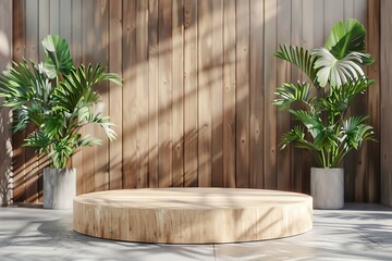 Beautiful round wooden empty podium for product stage, mockup product display