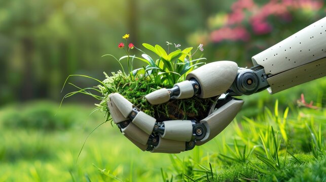 Growth images, A robot hand is holding a pot with grass and colorful flowers 