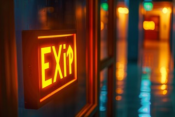 Ultra HD Close-Up of a Fire Exit Sign Glowing Softly in a Dark Corridor, Emphasizing Safety and Guidance - obrazy, fototapety, plakaty