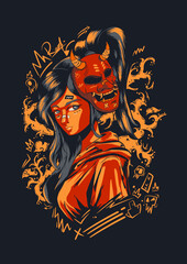 Vector illustration of girl using japanese mask with urban style using hand drawn style