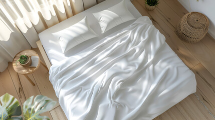 top view, velvet bedsheet mockup on bed