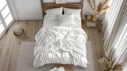 Fototapeta na wymiar top view, velvet bedsheet mockup on bed